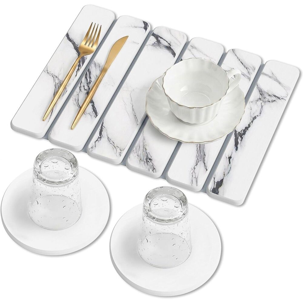 White Stone Dish Drying Mat 16x12 Foldable Kitchen Counter Quick Dry Sink Pad